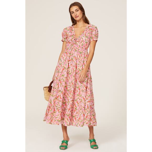 Banjanan Norma Pink Floral Print Puff Sleeve V-Neck Midi Dress Size Medium - Picture 1 of 13